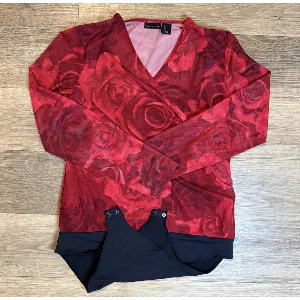 Tahari Red Rose Print Mesh Bodysuit - Long Sleeve Wrap Front Surplice (Large )